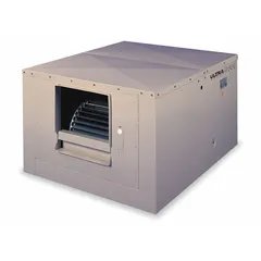 This single-inlet ducted evaporative cooler is designed for residential use, providing cooling in dry climates through evaporation. It operates on 115V AC and includes a drive package that requires assembly. The unit measures 34-5/8 in x 42 in x 48 in with an 8 in pad thickness, suitable for ducted airflow applications in homes or similar spaces.