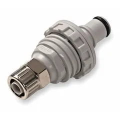 This polypropylene quick-disconnect insert is designed for 1/4 in ID x 3/8 in OD tubing, featuring a Quick-Disconnect Insert x Tube connection type in gray. It enables rapid connection and disconnection in fluid transfer systems, commonly used in water treatment, chemical processing, and industrial cooling loops.