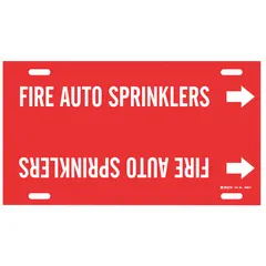 Red strap-on pipe marker with white legend text identifying fire auto sprinkler lines. Fits pipe outer diameters from 6 to 7-7/8 inches. Includes directional arrows. Suitable for marking sprinkler piping in industrial and commercial facilities.