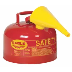 EAGLE Type I Safety Can for flammable liquids, 2 1/2 gallon capacity, red finish, includes funnel. Used for safe handling, storage, and dispensing of combustible liquids in industrial settings such as machining, maintenance, and chemical processing.