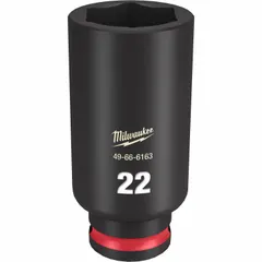 This 3/8" drive deep impact socket features a 22 mm metric size with a 6-point configuration. The deep design allows access to recessed fasteners, while the black phosphate finish offers corrosion resistance. It uses a friction retention mechanism for secure attachment to impact wrenches.