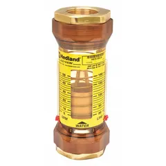 This inline variable area flowmeter measures water flow rates on a scale display in gallons. It features universal mounting orientation, Buna-N seals and O-rings, and an accuracy of +/-5%. Suitable for industrial water systems, cooling circuits, and process lines.