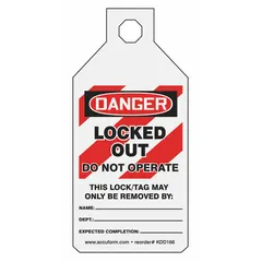 RP-plastic lockout tag with fields for department, expected completion date, and name. Printed in English. Used in lockout/tagout procedures to identify equipment under maintenance and prevent accidental operation.