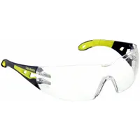 Frameless safety glasses with padded comfort-fit design. Clear lens features anti-fog and scratch-resistant properties. Dielectric/vented construction with Hard Coat/TruShield® coating. Charcoal/high-visibility yellow frame. Suitable for impact protection in industrial environments such as machining, material handling, and maintenance
