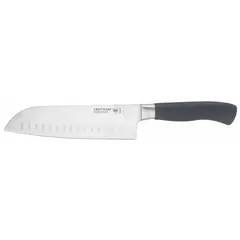 This 7-inch Santoku knife features a forged steel blade with a Granton edge to reduce sticking during slicing. The black Santoprene handle provides a secure grip. NSF certified for commercial use. Suitable for chopping, dicing, and slicing vegetables, fish, and boneless meats.