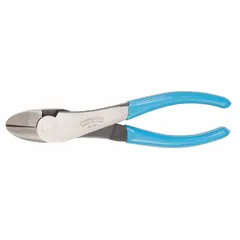 Angled, oval head diagonal-cutting pliers with 1 in jaw length and 1 1/8 in jaw width. Overall length 9 1/2 in. Induction-hardened cutting edges for cutting music wire. Suitable for electrical, maintenance, and industrial cutting tasks.