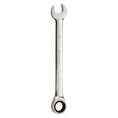 This SAE 12-point ratcheting combination wrench features a 7/8 in head size and 11 1/2 in overall length. Constructed from alloy steel with a chrome finish, it is a standard (non-reversible) model. Suitable for tightening and loosening fasteners in general mechanical tasks.