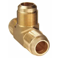 This brass flared fitting tee connects three tubes of 3/4 in OD, forming a branch in fluid power lines. It is used in hydraulic, pneumatic, and lubrication systems requiring leak-resistant connections at medium pressures.