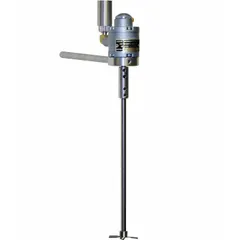 This air-powered propeller mixer features a clamp/stand mount and a 4-blade propeller. It has a 1/4 in male NPT inlet. Typical applications include agitating fluids in tanks or vessels in laboratory settings.
