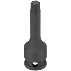 This Torx impact bit socket features a T50 tip size and a fixed insert design. With an overall length of 2 3/8 inches, it is suited for driving T50 fasteners using impact drivers in applications such as automotive repair and equipment maintenance.