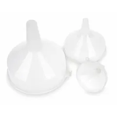 This set includes three clear plastic utility funnels in 4 in, 6 in, and 8 in sizes, with a total fluid capacity of 91 fl oz. Overall diameters are 5 3/4 in, 7 3/4 in, and 3 7/8 in. The clear construction allows visual monitoring of fluid flow during transfer. Suitable for transferring oils, coolants, water, and other fluids into containers with varying opening sizes.
