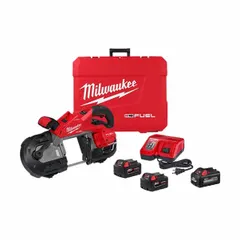 This cordless band saw features a brushless motor and a 44 7/8-inch blade. It has a maximum cutting length of 5 inches. The kit includes three batteries and one charger. Suitable for cutting metal, pipe, conduit, and structural steel in construction, fabrication, and maintenance applications.
