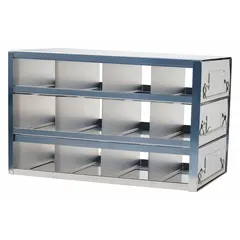 Stainless steel cold storage rack with slide-out drawers for organized access in freezer environments. Overall width 5 1/2 inches. Suitable for storing frozen samples or materials in laboratory or cold storage settings.