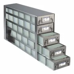 Stainless steel cold storage rack with slide-out drawers for organized freezer storage. Overall width 5 1/2 in. Suitable for commercial freezer environments to store and access frozen goods.