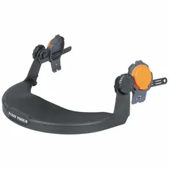 This face shield frame is constructed of ABS plastic, nylon, and polycarbonate in gray. It features a slotted attachment type for mounting onto a compatible safety helmet. The frame is used to hold a face shield for impact protection in industrial environments such as machining, electrical work, and material handling.