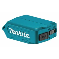 The MAKITA ADP08 is a USB power source that converts power from 12V Max CXT Li-Ion batteries into 12V DC output via a single USB port. It is a power source only, requiring a battery for operation. Commonly used on job sites or in field service where mains power is unavailable, it enables charging or powering USB devices such as phones or tablets.