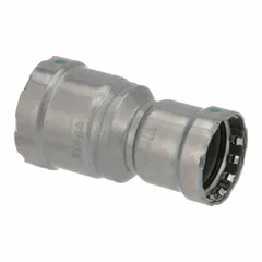 This carbon steel press-fit x press-fit pipe fitting connects 2 in and 1 1/2 in pipes without welding or threading. It is used in commercial and industrial plumbing, HVAC, and fire protection systems for creating leak-proof joints.