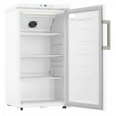Undercounter pharmacy refrigerator with 3.2 cu ft capacity, maintaining 2°C to 8°C. White finish, swing solid door opening left. Features temperature alarm and uses R-600a refrigerant. Overall depth 19 3/8 in. Suitable for storing vaccines and medications in clinical settings.