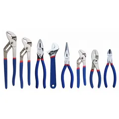 This 8-piece pliers set includes Slip Joint, Tongue & Groove, Long Nose, Diagonal Cutter, and Lineman's pliers, covering a 6–9 in range. Standard cushion grips and manual operation provide comfort and control. Suitable for general gripping, cutting, and turning tasks in maintenance and repair work. Comes with a storage pouch.