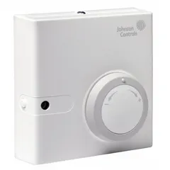 Wall-mounted digital sensor with plastic housing and digital display. Measures temperature from 32°F to 131°F with ±0.34°F accuracy and relative humidity from 0 to 100% with ±3% accuracy. Provides 0 to 10V DC humidity output via screw terminals. Compatible with building automation systems for HVAC control and energy management.