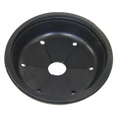 Black rubber splash guard for garbage disposals. Overall diameter 3 in, overall length 1/2 in, overall height 1/2 in. Fits sink openings with 4 in diameter. Used to reduce splash-back and prevent debris from escaping during disposal operation.