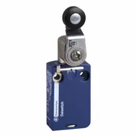 Submersible roller lever-arm limit switch from the XCMD series with a 0.23 in roller width. Equipped with a removable cable connector for electrical connection. Suitable for position sensing in industrial automation applications where exposure to water or coolant is present