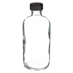 This 250 mL clear narrow mouth round glass lab bottle is made from Type III soda lime glass. It features an attached 24-400 mm phenolic screw closure with a pulp/vinyl liner. Suitable for general laboratory storage of liquids and dry samples, including non-injectable aqueous preparations and routine chemical storage.