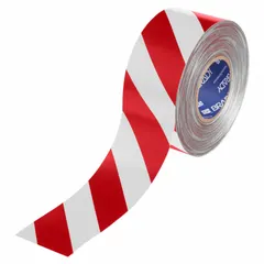 Red/white striped floor marking tape for marking aisles, hazards, and safety zones in industrial facilities. Polyester backing with 22 mil thickness. Series B-553, Brady ToughStripe Max.