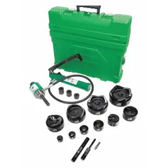 Hydraulic driver punch set for creating clean, accurate knockout holes in electrical enclosures, panels, and junction boxes. Used in commercial and industrial electrical installations for routing conduit or cable entries. Includes hydraulic driver and punch dies for metal enclosures.