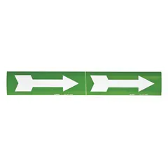 Non-reflective vinyl pipe marker with green background and white legend text. Measures 7 inches wide by 2 1/4 inches long, supplied on a 7-inch roll. Used to identify pipe contents and indicate directional flow in industrial piping systems.