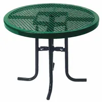 This round top patio table features a stainless steel tabletop in green and a black steel frame. Overall dimensions are 36 inches in width and length, with a height of 42 inches. Suitable for outdoor dining areas, break rooms, or hospitality settings where a weather-resistant surface is required