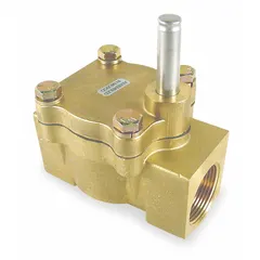 This 2-way/2-position normally closed solenoid valve body features a brass construction with EPM seal and female pipe thread (FPT) connections on both ports. Designed for outdoor operating environments, it is suitable for controlling fluid flow in irrigation, water treatment, and general process piping systems.