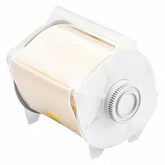 Vinyl, tan gloss, outdoor-rated thermal transfer continuous label roll. 4 in x 100 ft. Compatible with GlobalMark printer series for on-demand industrial labeling, including asset identification, pipe marking, and safety signage.