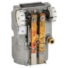 This pneumatic thermostat is designed for heating and cooling applications in commercial HVAC systems. It features a 2-pipe, high-volume air flow output with a temperature control range of 55° to 85°F. Thermostat action is direct at 15 psig and reverse at 20 psig. Unit is for vertical mounting and does not include a cover.