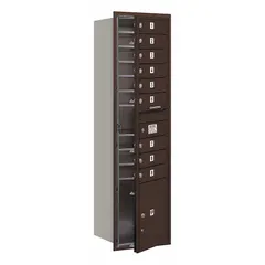 This horizontal multi-unit mailbox features 9 lockable doors and is designed for recessed mounting. It provides secure mail distribution for multiple tenants in commercial or residential buildings. Dimensions: 57 1/8 in H x 17 in W x 16 1/2 in D.