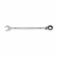 This SAE 12-point ratcheting combination wrench is constructed from alloy steel with a full polish chrome finish. The 3/8 in head size features a ratcheting box end for faster fastener tightening and loosening without repositioning. Suitable for automotive repair, industrial maintenance, and mechanical assembly in confined spaces.