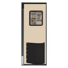 Beige textured polyethylene insulated swinging door with one 3 ft wide by 7 ft high door. Includes polycarbonate window, door seals, bumpers, and mounting hardware. Meets USDA standards. Suitable for temperature-controlled environments requiring thermal efficiency and sanitation.