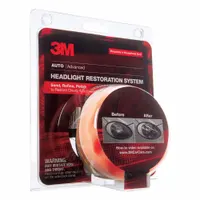 This headlight lens cleaner kit includes a 3M Trizact Refining Disc for restoring clarity to cloudy or yellowed automotive headlight lenses. The kit comes in a soft pack, white container. Suitable for DIY car maintenance and professional detailing