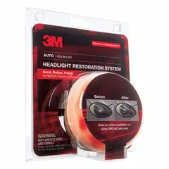 This headlight lens cleaner kit includes a 3M Trizact Refining Disc for restoring clarity to cloudy or yellowed automotive headlight lenses. The kit comes in a soft pack, white container. Suitable for DIY car maintenance and professional detailing.