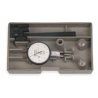 Horizontal-style dial test indicator with tilted face for easy reading in tight spaces. Range 0 to 0.008 in, accuracy +/-0.0001 in. Includes 5/32 and 3/8 in stems, stem nut, swivel clamp, square arm, and plastic case. Used for measuring small displacements, runout, and alignment on lathes, grinders, and fixtures
