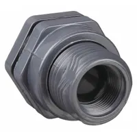 This PVC through-wall fitting features a 1 1/4 in female NPT threaded inside connection and an EPDM gasket. It is used to create a sealed, leak-proof connection for pipes passing through tank walls in fluid transfer, drainage, or level sensing applications
