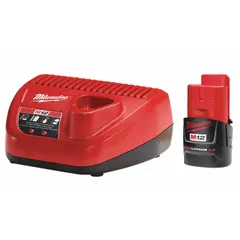 This kit includes one 2 Ah battery and a charger for 12V DC M12 cordless tools. The battery provides power for light-duty fastening, drilling, and cutting tasks. The charger restores battery power for continued use. Not oil-resistant.
