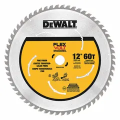 12-inch circular saw blade with 60 teeth for finishing cuts in wood. Features a 0.09-inch kerf and 1-inch arbor. Suitable for trim work, cabinetry, and precision woodworking where a smooth edge is required.