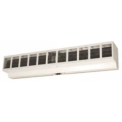 This Dayton ambient air curtain is a low-profile steel unit designed for a 5 ft opening, delivering 1,700 cfm of unheated air. It creates an invisible barrier to reduce drafts, dust, and insect infiltration in commercial and industrial doorways such as warehouses, retail stores, and loading docks.