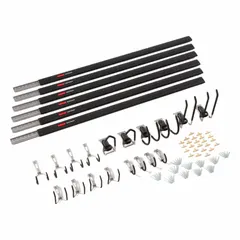 This steel wall-mount track system kit is designed for organizing garages and workshops. It includes four low-profile twin hooks and hardware for installation. The 48-inch rails support up to 1,750 lb, allowing storage of tools and equipment to free up floor space.