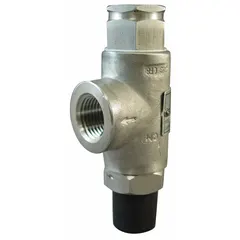 This pressure relief valve is designed for overpressure protection in non-code air, inert gas, and liquid systems. It features a 3/8 in FNPT inlet and 1/2 in MNPT outlet, constructed from stainless steel. The valve operates within a temperature range of -60°F to 406°F. Typical applications include pneumatic controls, compressors, and liquid transfer lines.