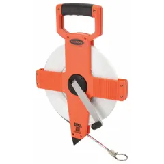 Manual open-reel long tape measure with a 200 ft steel blade, single-sided SAE/Engineers scale graduated in 1/100 ft increments. Features a loop tip and dead foot, housed in a plastic case. Used for measuring long distances in construction, surveying, and engineering applications.
