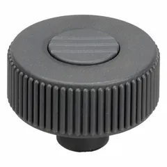 Knurled knob with threaded hole, 50 mm diameter, M10 thread, 14 mm thread length. Plastic body with stainless steel thread insert, gray color. Used for manual adjustment, clamping, or positioning of machinery components.
