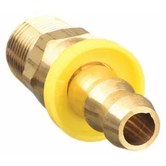 This brass push-on hose fitting connects 1/4 in hose barb to 1/4 in NPTF male threads. The swivel straight design simplifies installation in tight spaces. Suitable for air, water, and chemical transfer systems.