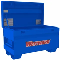 This chest-style jobsite box offers 7 cu ft of storage capacity for tools and equipment. It measures 36 in W x 19 7/16 in D x 21 1/2 in H and features a recessed padlock hasp (lock not included) for security. The blue finish provides weather resistance for outdoor use on construction sites or in workshops.